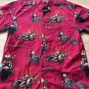 North River Santa Motorcycle Shirt Red Flame Print Button Up Size M Biker Moto